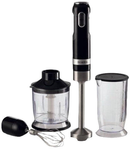 Black immersion blender with attachments on a white background