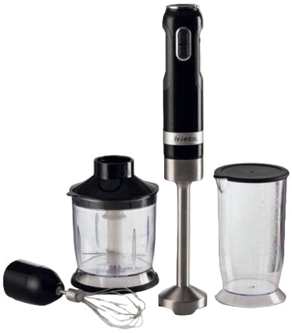 Black immersion blender with attachments on a white background