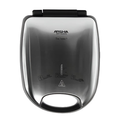 Silver sandwich maker with 'Arshia' branding on a white background