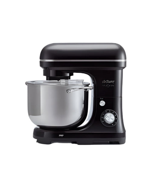 Black stand mixer with silver bowl on a white background