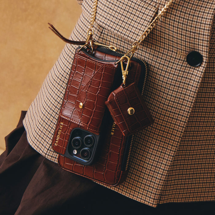 Avery AirPod Clip-On Pouch - Brown Croc/Gold