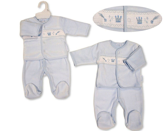 Baby Boys Velour 3 pcs Set with Smocking - Prince (NB-6m) (PK6) - BW-13-431