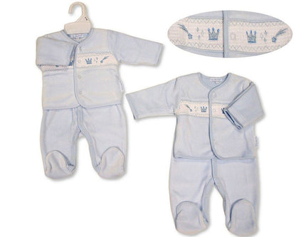 Baby Boys Velour 3 pcs Set with Smocking - Prince (NB-6m) (PK6) - BW-13-431