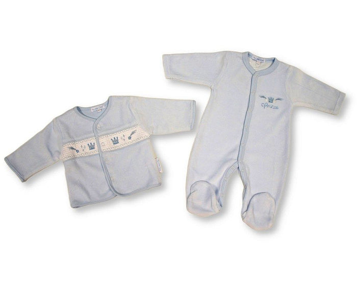 Baby Boys Velour 3 pcs Set with Smocking - Prince (NB-6m) (PK6) - BW-13-431