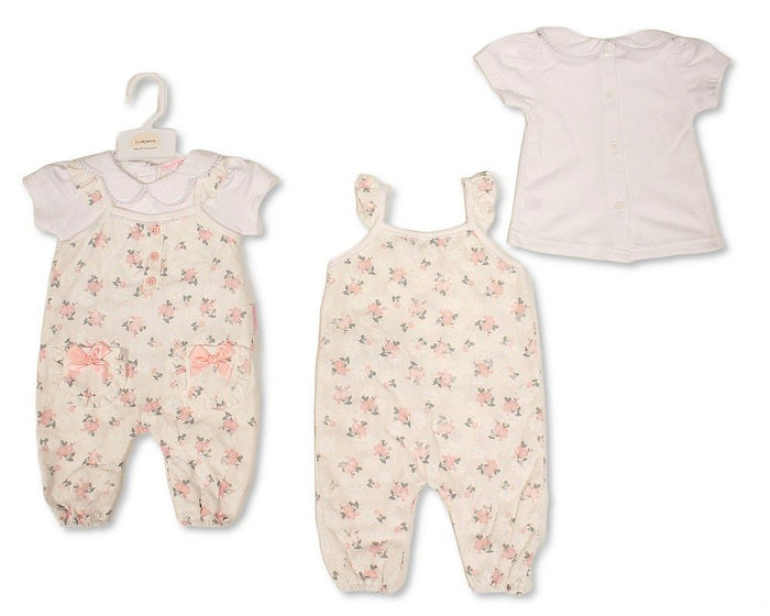 Baby Girls 2 pcs Long Dungaree Set with Floral Print and Bows (NB-9m) (PK6) - BIS-2120-6403