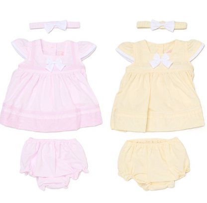 Baby Girls Dress, Pant & Headband Set - Lemon/Pink Bow (0-9m) (PK6) H12801NB