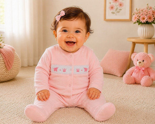 Baby Girls Velour 2 pcs Set with Smocking - Princess (NB-6m) (PK6) - BW-13-437