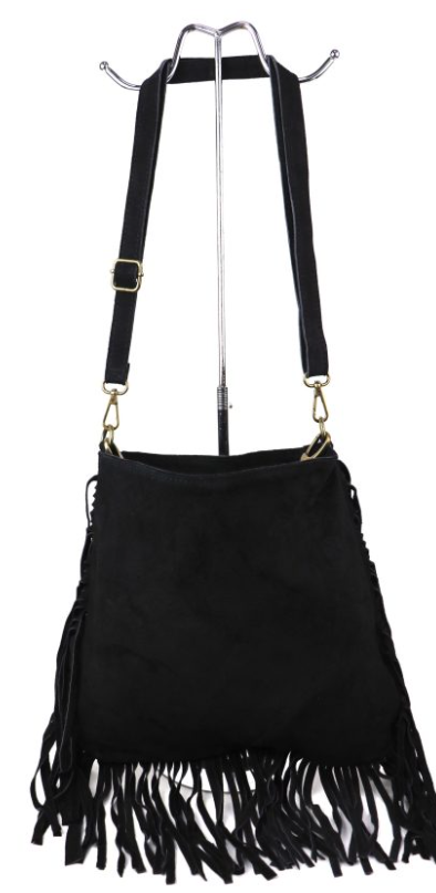 Bagitali Kate Suede Fringed Shoulder Bag - Black