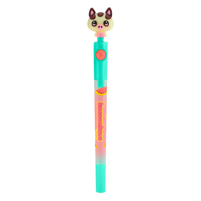 The Bangoberry Spinning Pen Assortment features a light blue pen with a watermelon-themed design, a cute pig head topper, and a red button near the top for added fun.