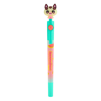 The Bangoberry Spinning Pen Assortment features a light blue pen with a watermelon-themed design, a cute pig head topper, and a red button near the top for added fun.