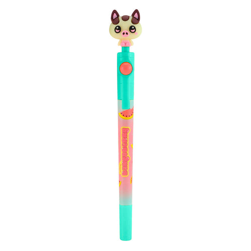 The Bangoberry Spinning Pen Assortment features a light blue pen with a watermelon-themed design, a cute pig head topper, and a red button near the top for added fun.