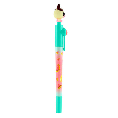 The Bangoberry Spinning Pen Assortment features a colorful pen with a turquoise cap and clip, watermelon slice barrel, and a cute character head with big eyes and brown hair.