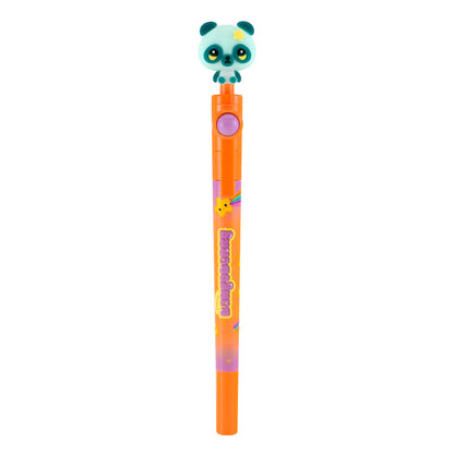 The Bangoberry Spinning Pen Assortment features an orange pen with a purple button, a cute panda face topper, star decorations, and a small yellow chick illustration near the middle.