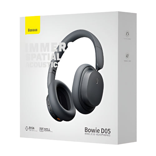 Box of Bowie D05 wireless headphones with a gray headset on a white background
