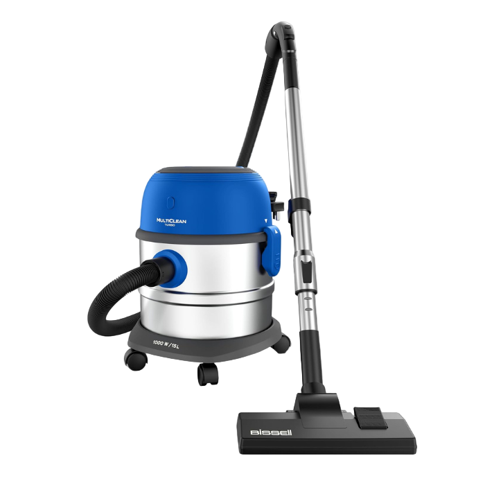 Blue and silver vacuum cleaner on a white background