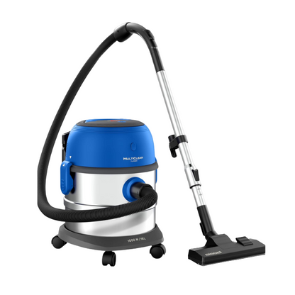 Blue and silver vacuum cleaner with attachments on a white background