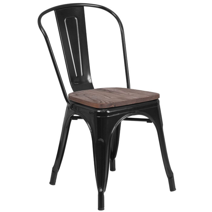 Black Metal Stackable Tolix Farmhouse Chair with Wood Seat
