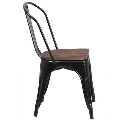Black Metal Stackable Tolix Farmhouse Chair with Wood Seat