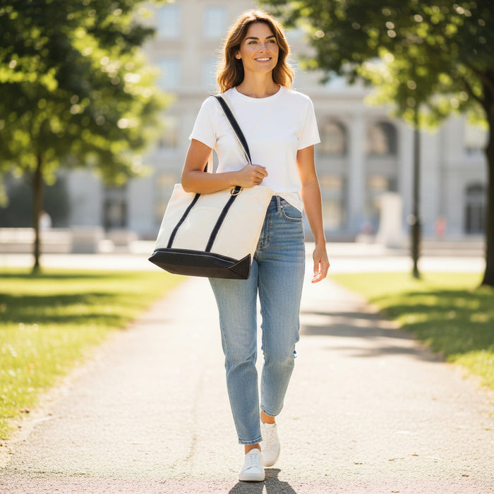 A smiling woman strolls outside on a sunny day, carrying The Darling Effect’s Black The Signature Canvas Tote Bag with durable handles—perfect for daily use. She wears a white t-shirt, light blue jeans, and white sneakers; trees and a building are in the background.