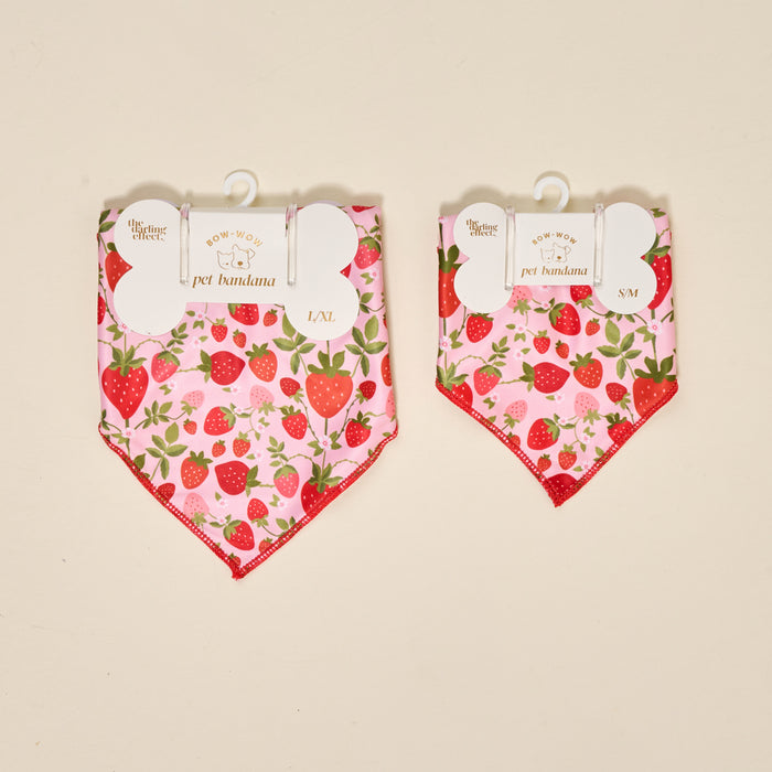 Two Bow-Wow Pet Bandana-Strawberry Fields in pink and red, sizes L/XL (left) and S/M (right), shown on hangers with tags. Cute strawberry-print cotton dog accessories from The Darling Effect—style for any pet outing!.