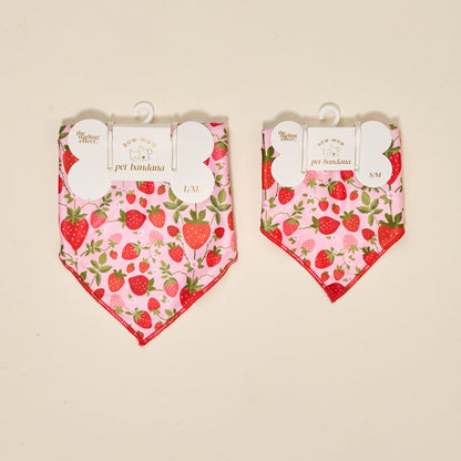 Two Bow-Wow Pet Bandana-Strawberry Fields in pink and red, sizes L/XL (left) and S/M (right), shown on hangers with tags. Cute strawberry-print cotton dog accessories from The Darling Effect—style for any pet outing!.