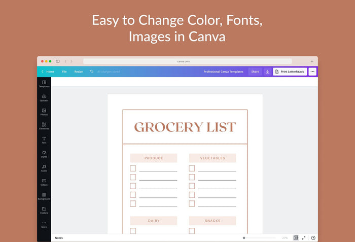 Ladystrategist Brown Sugar Grocery List Printable and Editable Canva Template instagram canva templates social media templates etsy free canva templates