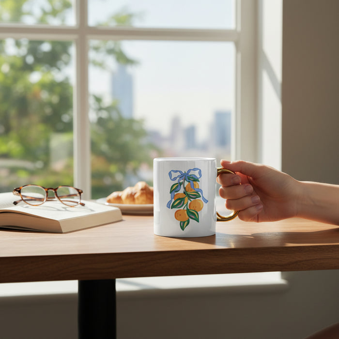 A hand holds The Darling Effect's Capri Citrus 11 oz Cozy Cute Ceramic Mug, featuring a golden handle and vibrant lemon-leaf design, at a wooden table beside an open book, eyeglasses, and a croissant in a sunlit city-view room.