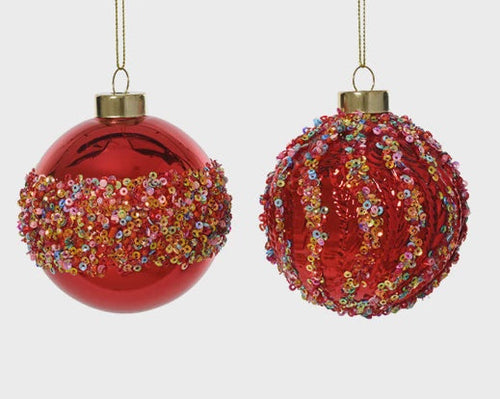 Christmas Red Sequin Glass Bauble - 8cm