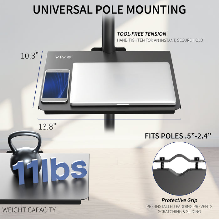 Universal Pole Mounting Shelf, tool-free tension call out and pole compatibility dimensions labeled