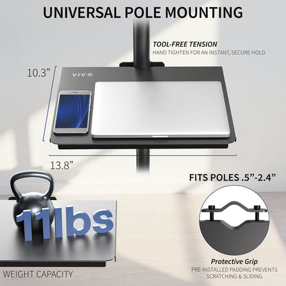 Universal Pole Mounting Shelf, tool-free tension call out and pole compatibility dimensions labeled