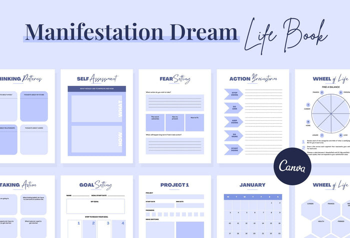 Ladystrategist Cornflower Blue Manifestation Dream Life Book Canva Template Printable and Editable instagram canva templates social media templates etsy free canva templates