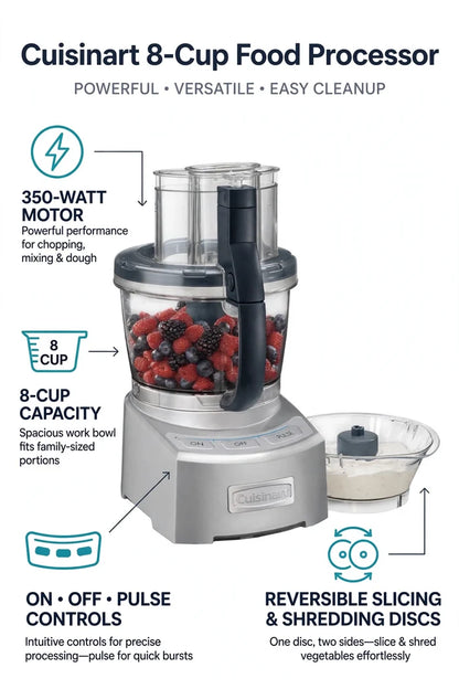 Promotional feature graphic for a Cuisinart 8-cup food processor.