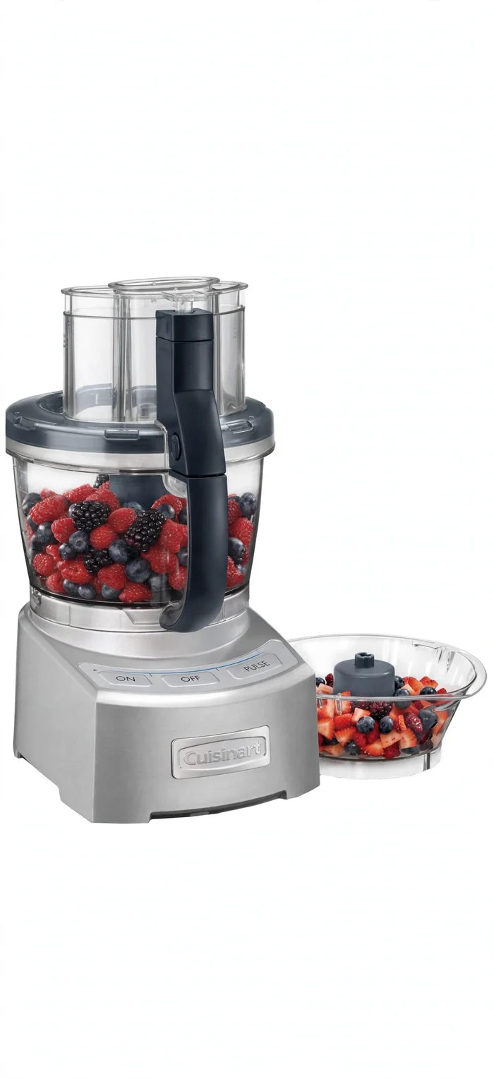 Styled promotional image of a Cuisinart food processor with berries against a white background.