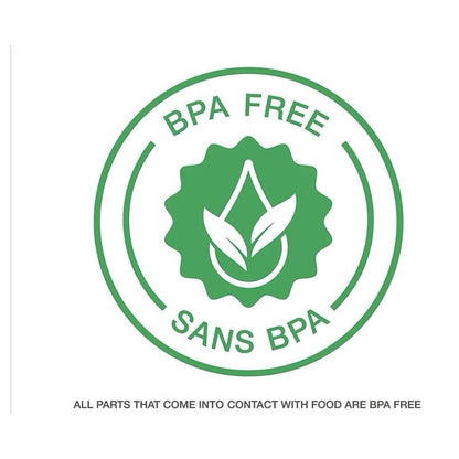 Catalog graphic reading BPA FREE and stating that all parts that come into contact with food are BPA free.