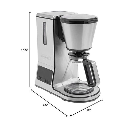 Cuisinart PurePrecision brewer catalog dimension diagram labeled 13.5 inches high, 7.5 inches and 12 inches across the base.