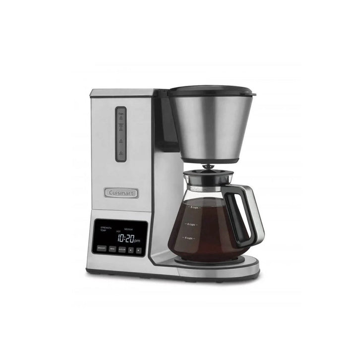 Front catalog view of Cuisinart PurePrecision coffee brewer with filled glass carafe and display showing 10:20 p.m.