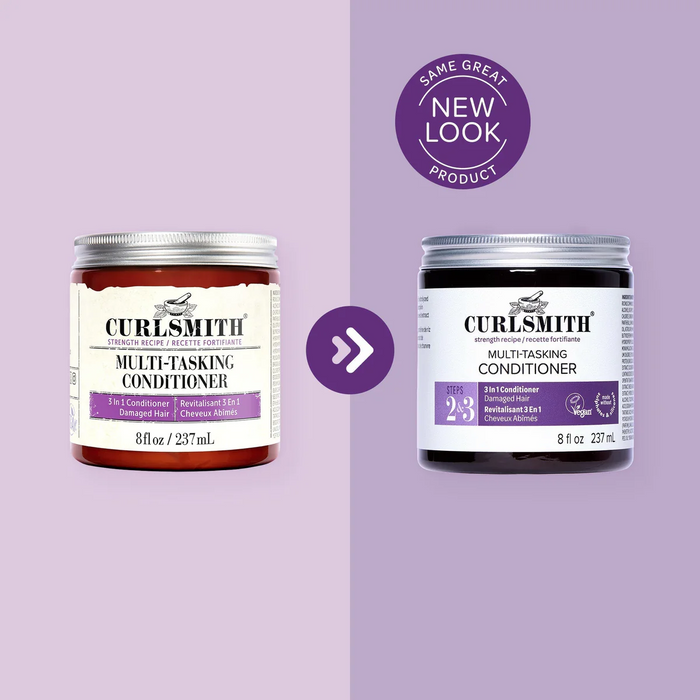 Two jars of Curlsmith Multi-Tasking Conditioner on a purple background with a 'Same Great Product, New Look' label.