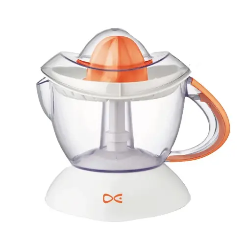 Clear manual juicer with orange accents on a white background