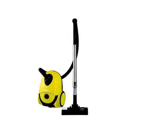 A yellow Daewoo vacuum cleaner with a canister design, featuring a black handle and accents.