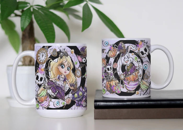 Down The Rabbit Hole white ceramic coffee mug featuring colorful whimsical fantasy artwork with a curious girl, rabbit, teacups, clocks, skulls, flowers and playful storybook-inspired details, available in 11 oz and 15 oz sizes.