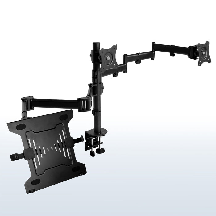 A black desk mount that can hold two monitors and one laptop. The mount features adjustable arms and a sturdy base.