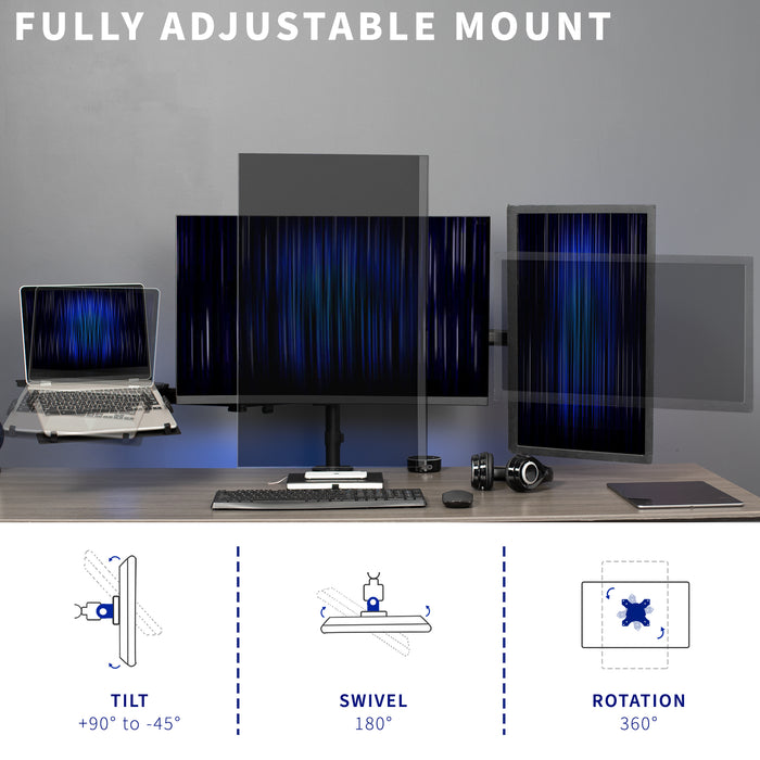 A black desk mount that can hold two monitors and one laptop.