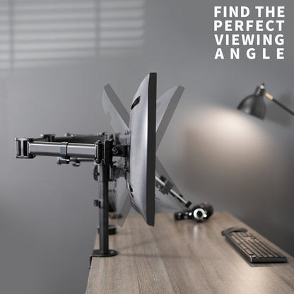 A black desk mount that can hold two monitors and one laptop.