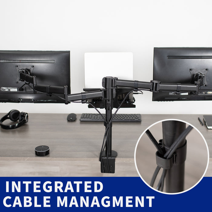 A black desk mount that can hold two monitors and one laptop.