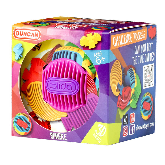 Brightly patterned packaging for the Duncan SLIDA Assortment PDQ displays interlocking, textured pieces. The box features the Duncan brand, an age 6+ recommendation, and invites players to beat the time challenge online.
