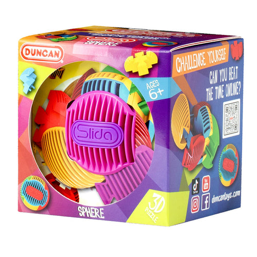 Brightly patterned packaging for the Duncan SLIDA Assortment PDQ displays interlocking, textured pieces. The box features the Duncan brand, an age 6+ recommendation, and invites players to beat the time challenge online.