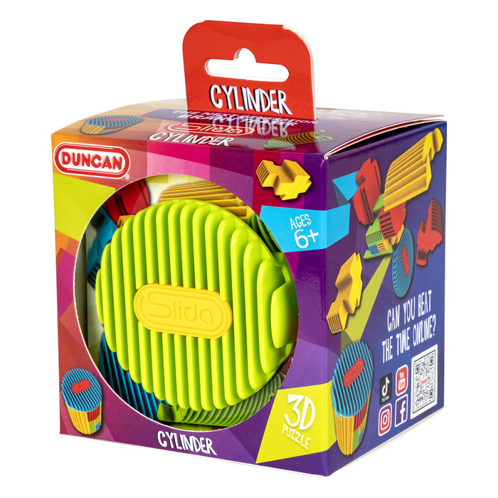 Colorful packaging displays the Duncan SLIDA Assortment PDQ 3D puzzle for ages 6+, showing a yellow and green ridged cylinder through the box. The box features puzzle images and asks, “Can you beat the time online?”.