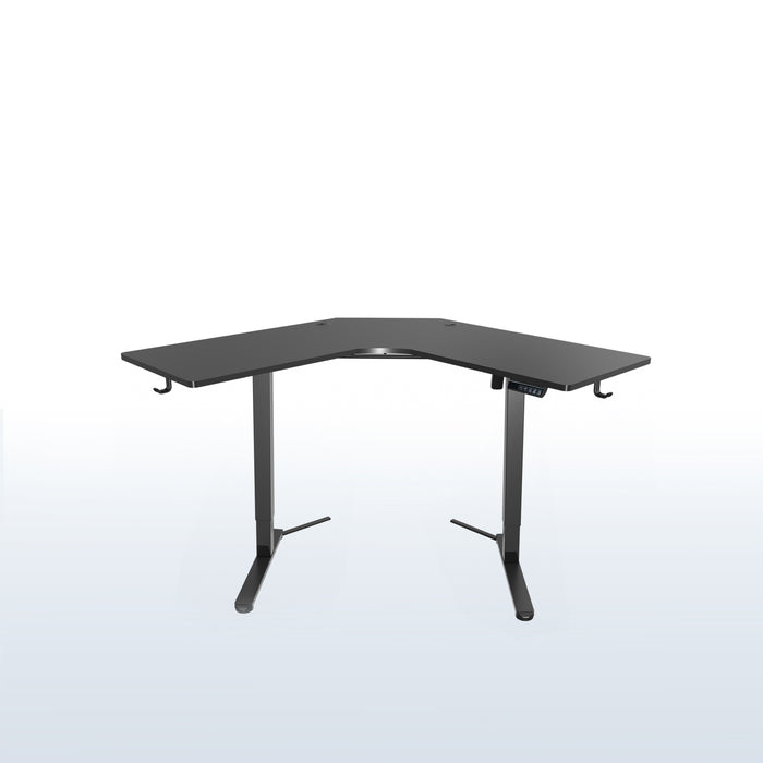 Heavy-duty electric height adjustable corner desk workstation for active sit or stand efficient workspace.