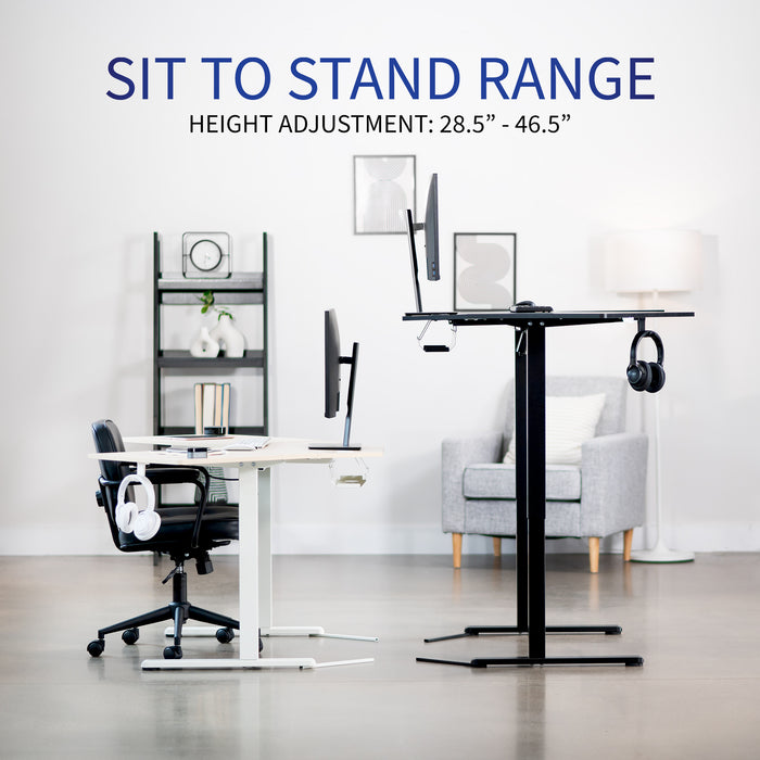 Heavy-duty electric height adjustable corner desk workstation for active sit or stand efficient workspace.