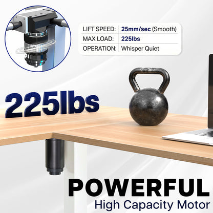 High-capacity motor with lifting capacity of 225 lbs on a desk with a kettlebell and laptop.